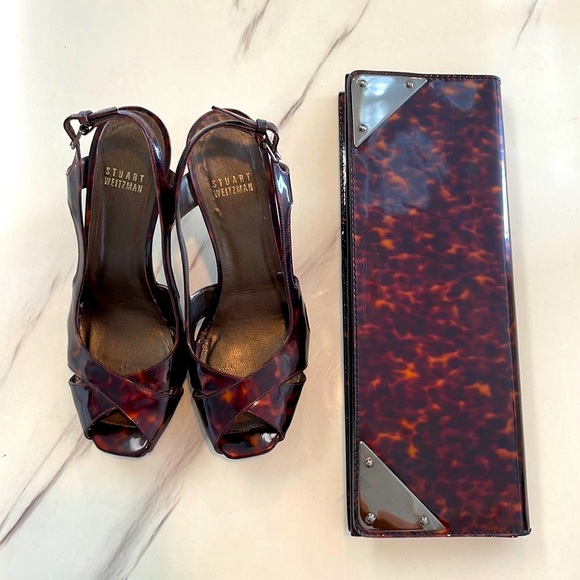 Stuart Weizmann Blenny slingback peep toe pumps and matching clutch - Picture 1 of 11